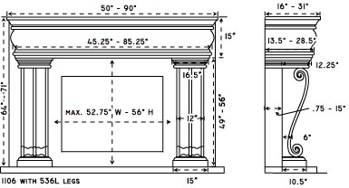1106.536L stone fireplace mantel spec sheet