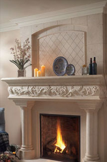 Caledon stone fireplace overmantle surround in Calgary