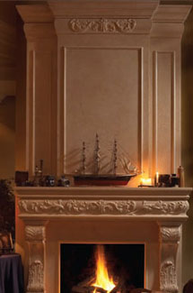 Regal stone fireplace overmantle surround in Calgary