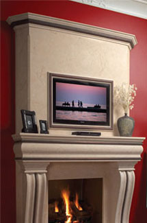 Tuscan stone fireplace overmantle surround in Calgary