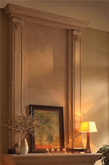 Valencia stone fireplace overmantle surround in Calgary